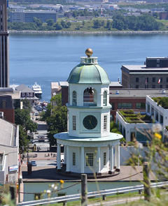 A view of the Halifax Clock Tower and the Halifax Harbour, into Dartmouth